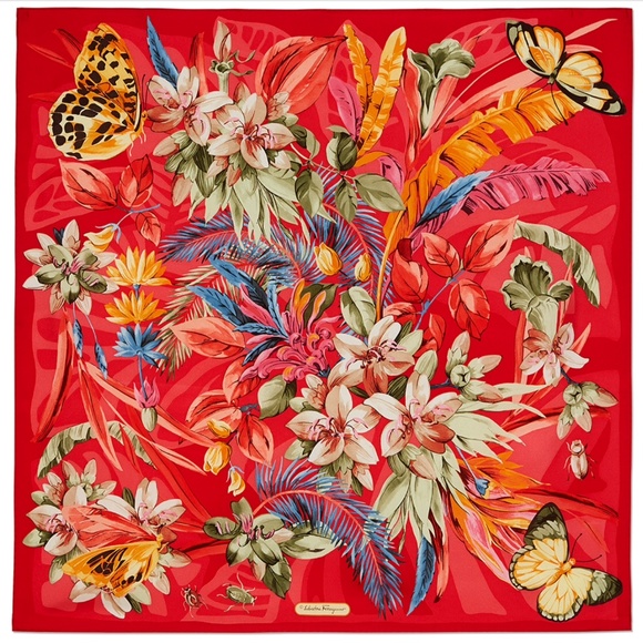 New Salvatore Ferragamo Butterfly Red Pink Multicolor Flora Silk Scarf - Picture 6 of 15
